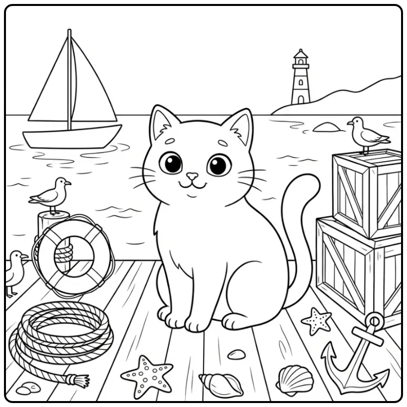 Cat coloring page sitting at the harbor with rope