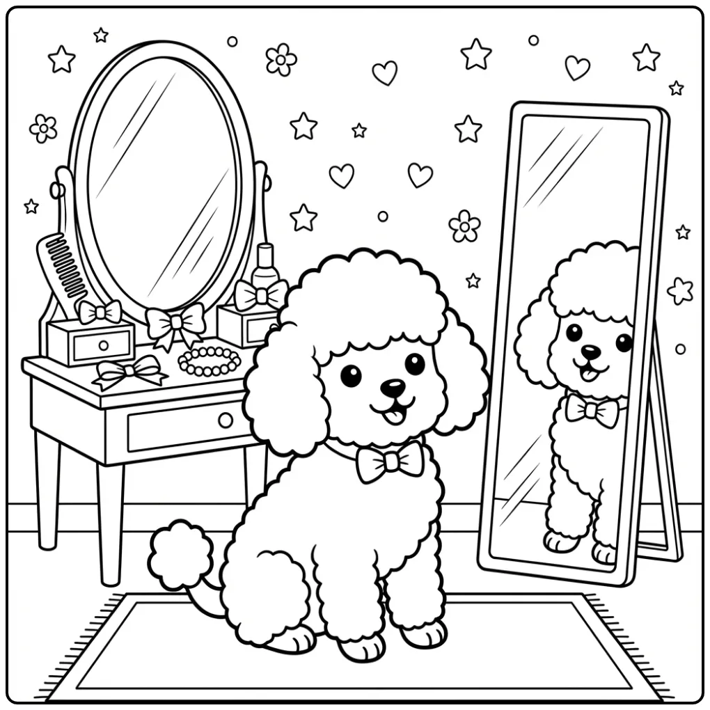 Fashionable Poodle Puppy at the Vanity coloring page