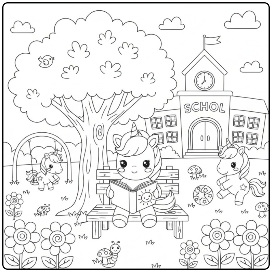 Beautiful Baby Unicorn on School coloring page