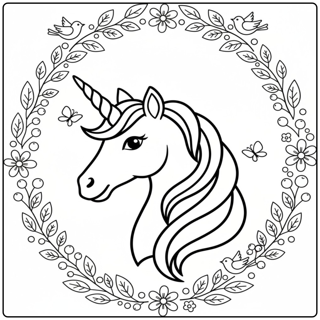 Beautiful Unicorn Head with Butterflies and Birds coloring page