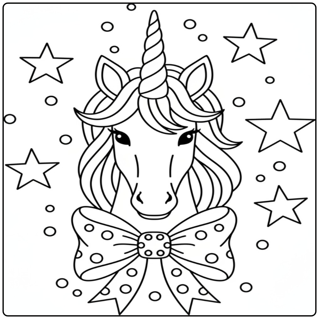 Beautiful Unicorn Head Surrounded by Cheerful Stars coloring page