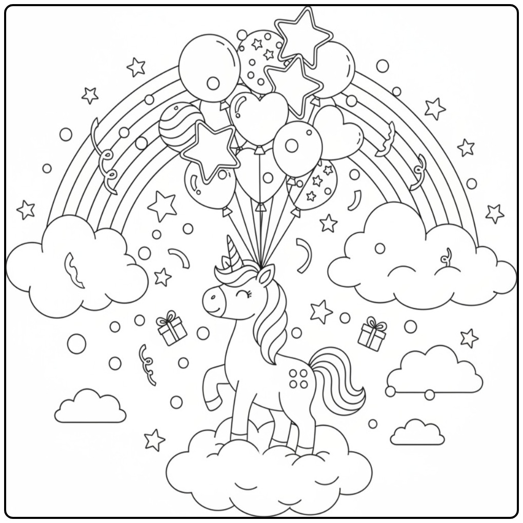 Beautiful Unicorn with Birthday Balloons and Confetti coloring page