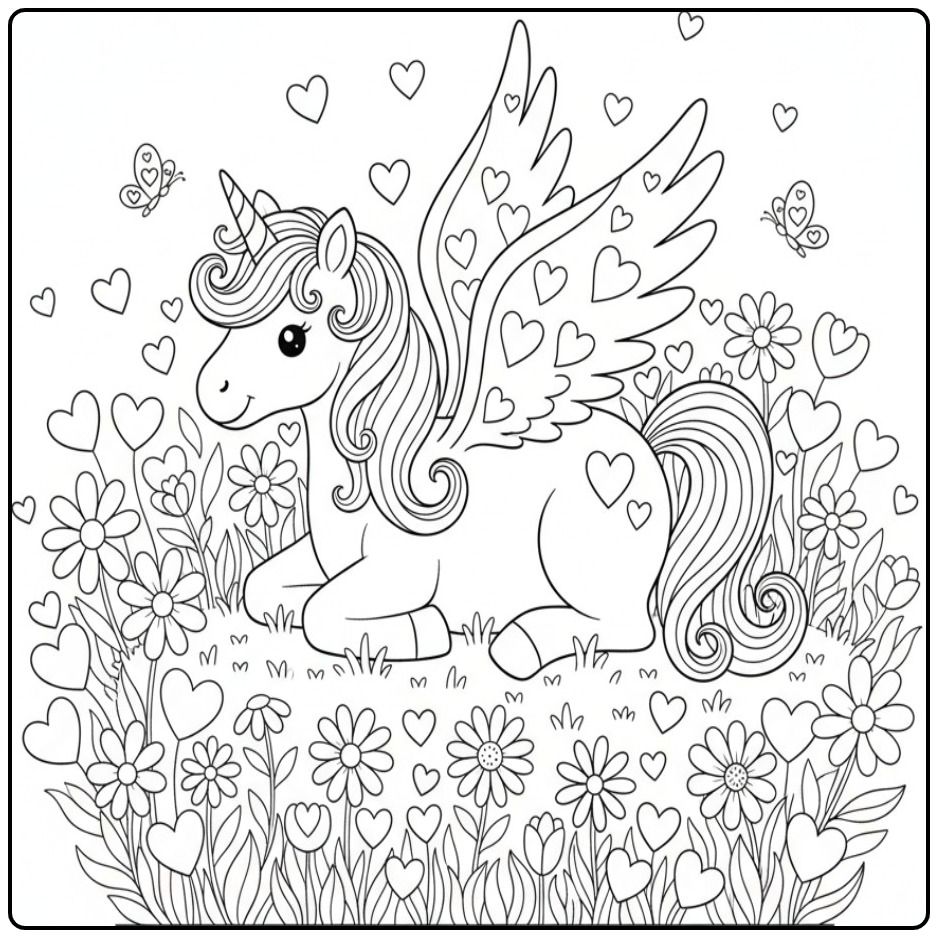 Beautiful Unicorn with Wings and Hearts coloring page