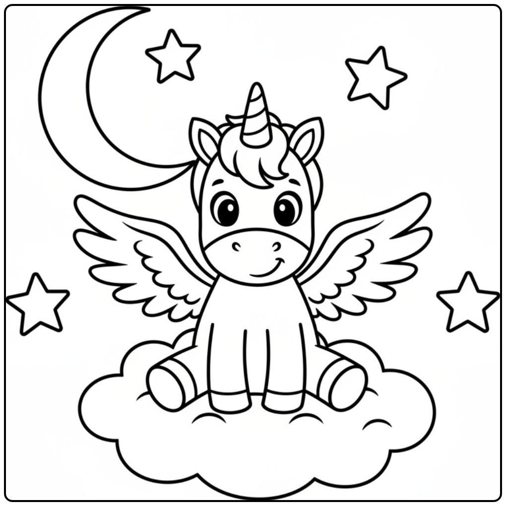 Beautiful Unicorn with Wings in the Night coloring page