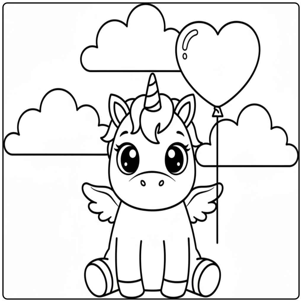 Beautiful Unicorn Cute with a Heart Balloon coloring page