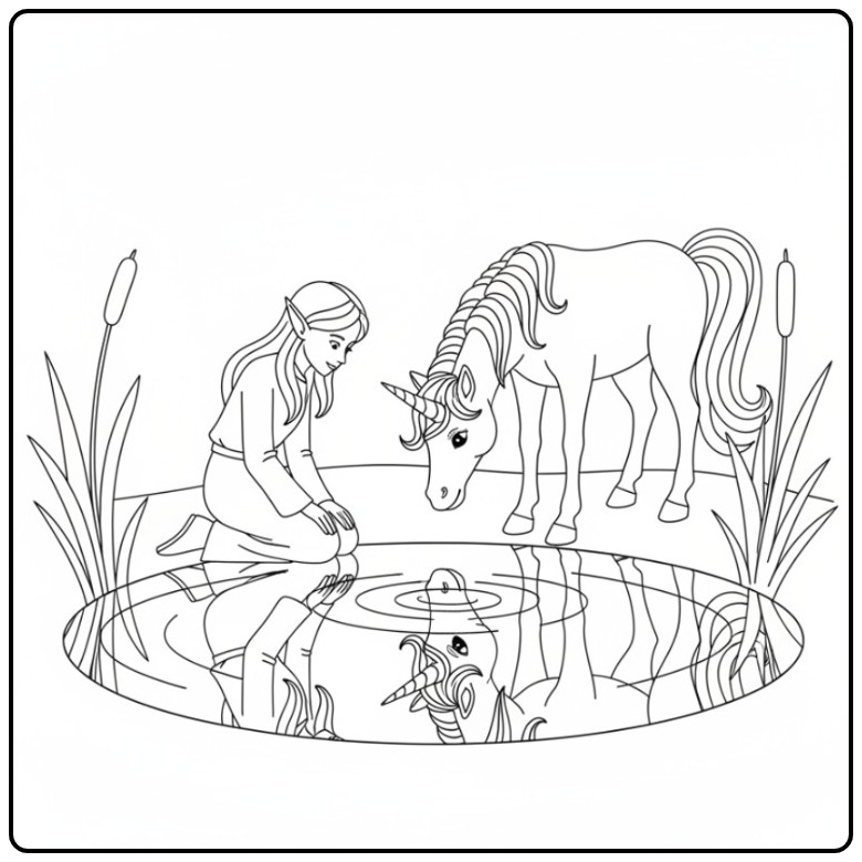 Beautiful Fairy and Unicorn Watching in the Water coloring page