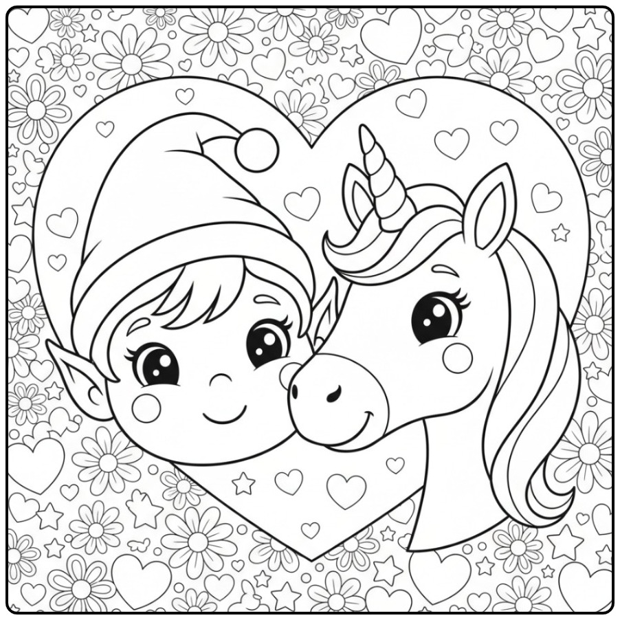 Beautiful Fairy and Unicorn with Hearts coloring page