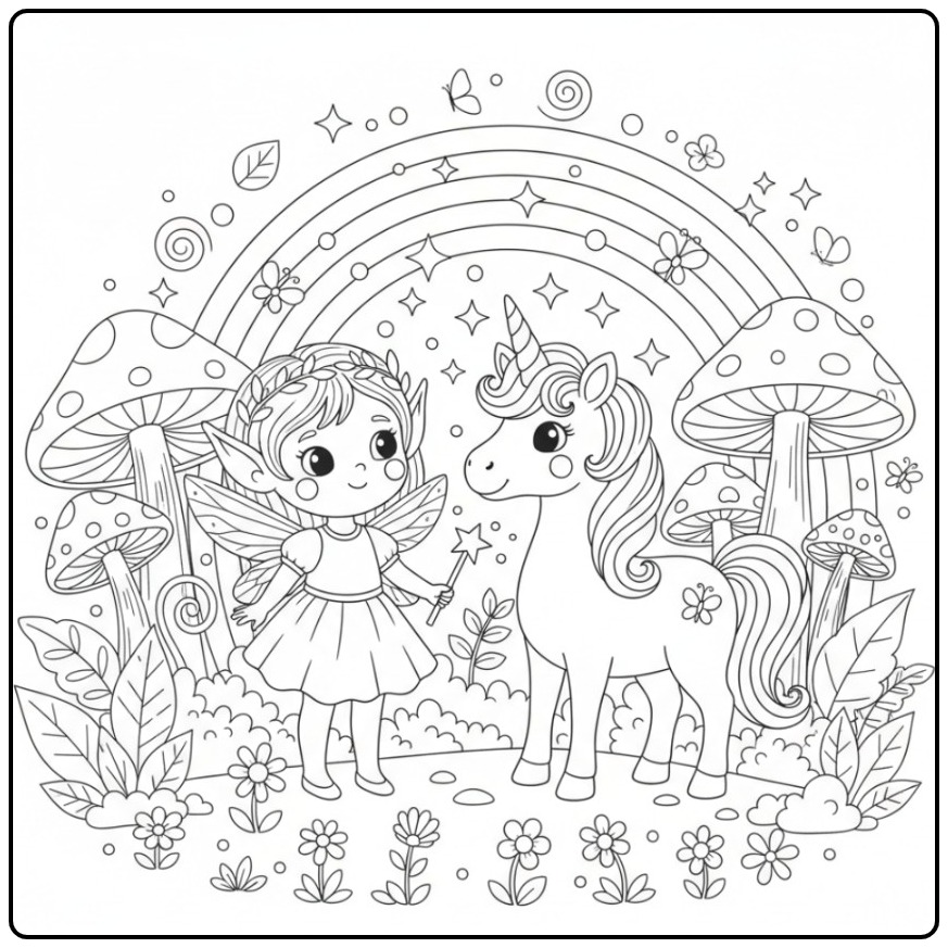 Beautiful Fairy Unicorn with Rainbow and Stars coloring page