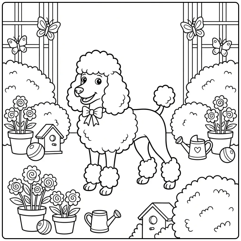Graceful Poodle in the Garden coloring page