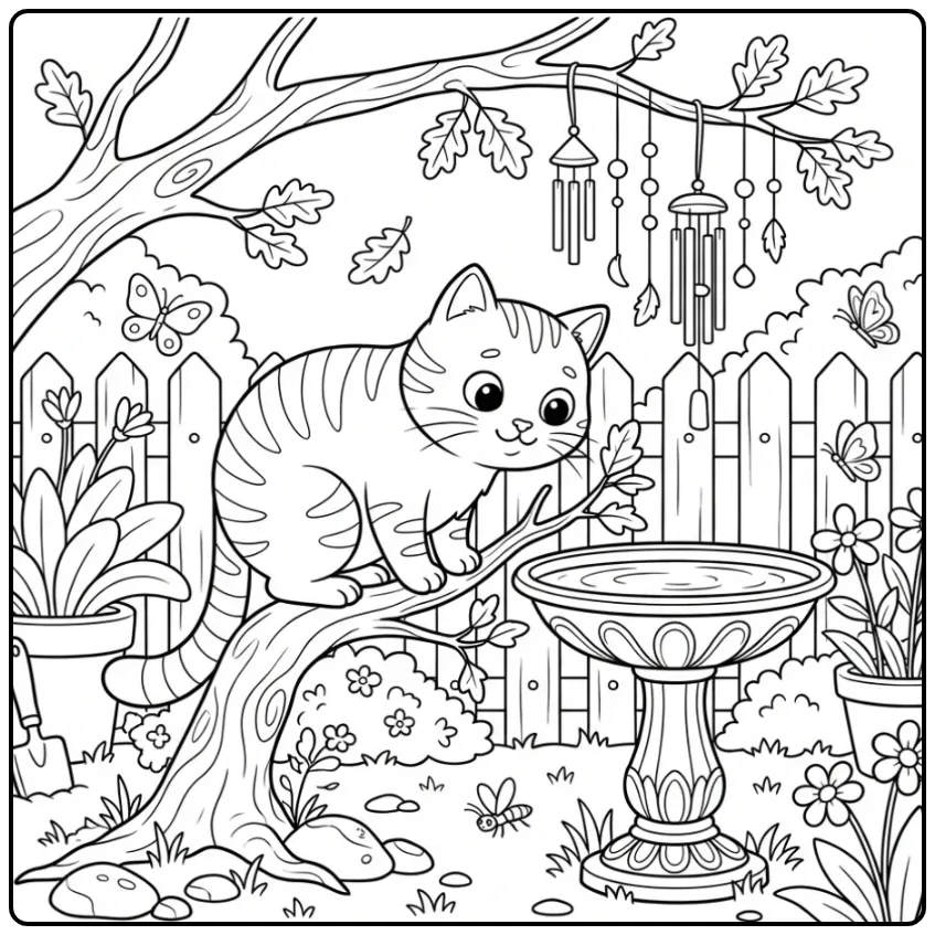 Cat coloring page on a tree branch in the backyard