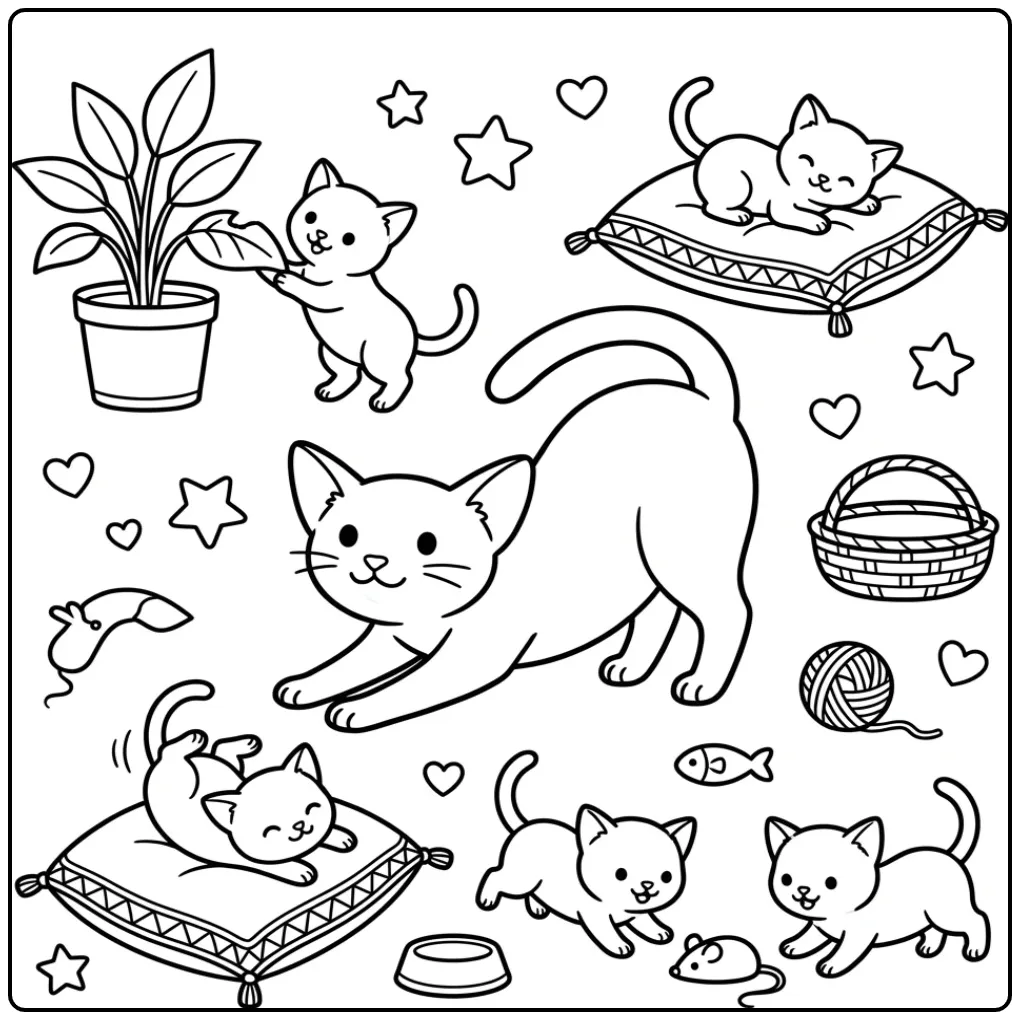 Oriental Shorthair Mother Cat with Kittens coloring page