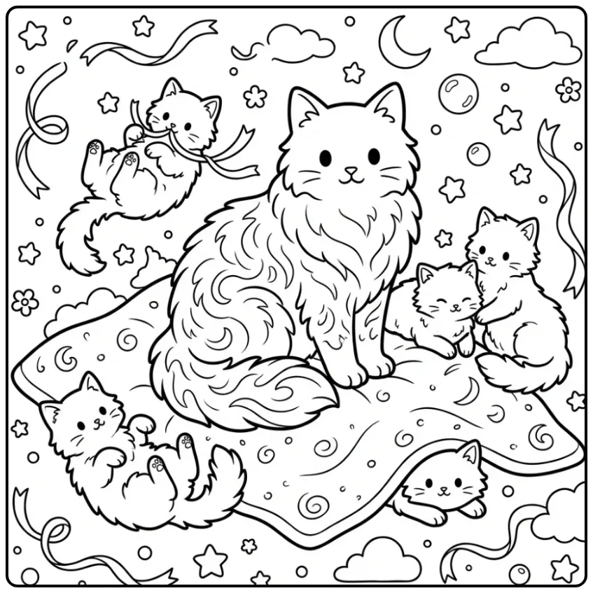 Beautiful Cat with Fluffy Kittens coloring page