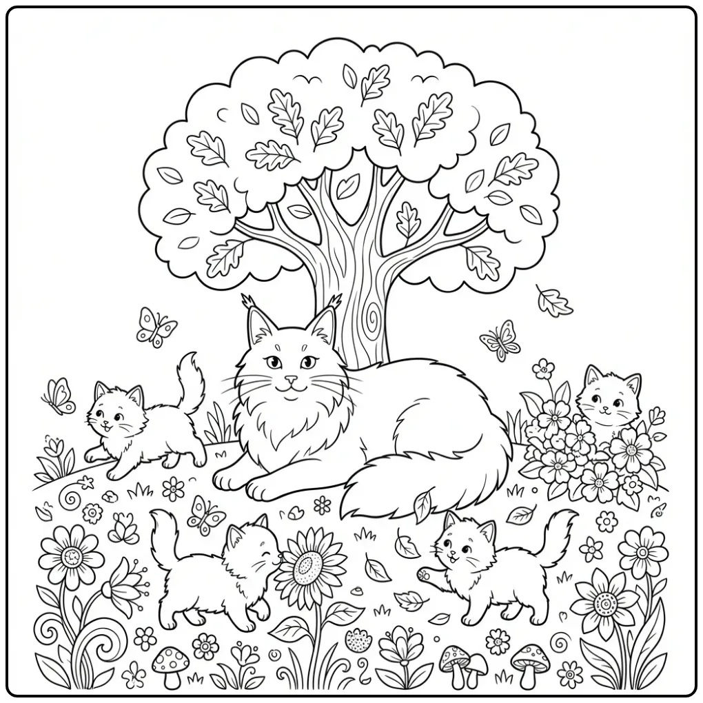 Beautiful Cat with Kittens Under a Tree coloring page