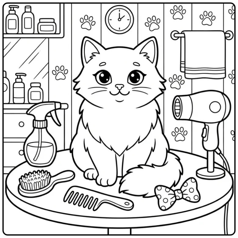Cat coloring page in a grooming salon