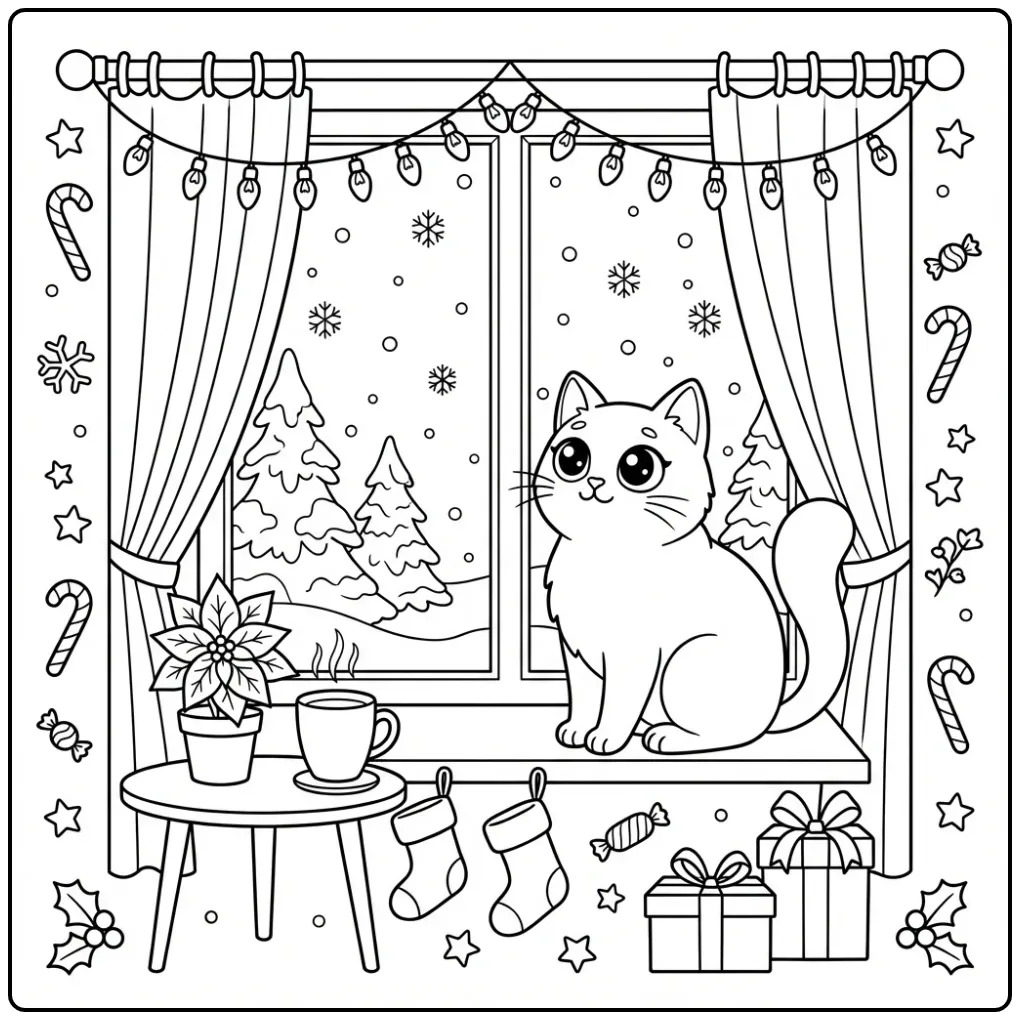 Christmas Cat coloring page watching snow by the window