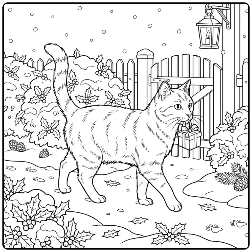 Christmas Cat coloring page in snow with a gift
