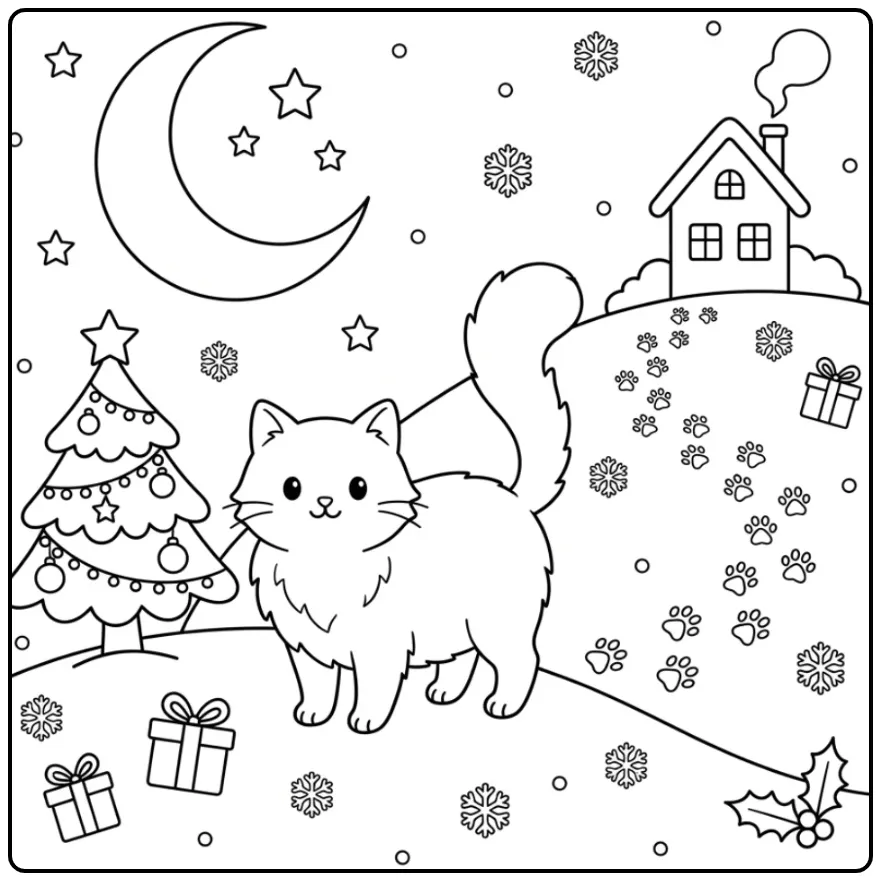 Christmas Cat coloring page in snow by a Christmas tree