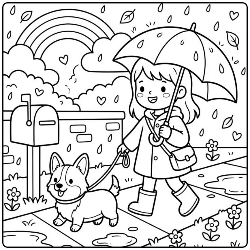 Girl Walking a Corgi in the Rain coloring page