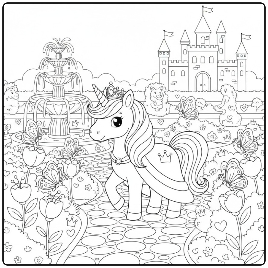 Beautiful Princess Unicorn and Butterflies in Magical Castle Garden coloring page