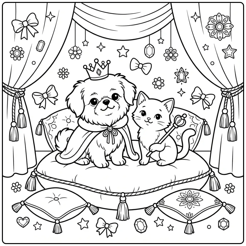 Pekingese Puppy and Kitten Playing Royalty coloring page