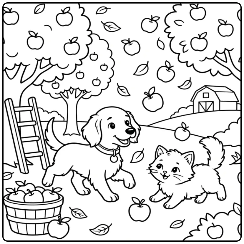 Irish Setter Puppy and Kitten in an Autumn Orchard coloring page