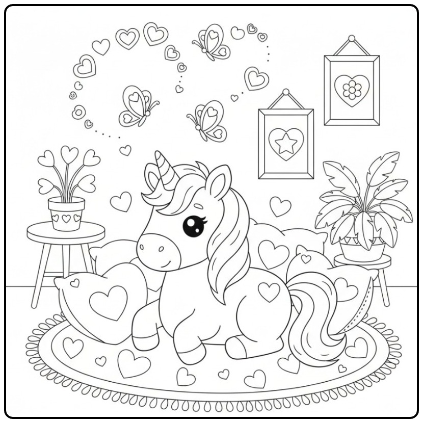 Beautiful Unicorn and Butterflies Hearts Waiting on Color coloring page