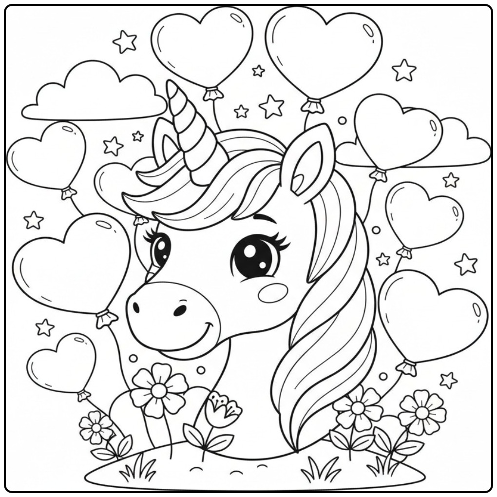 Beautiful Unicorn Head with Hearts coloring page