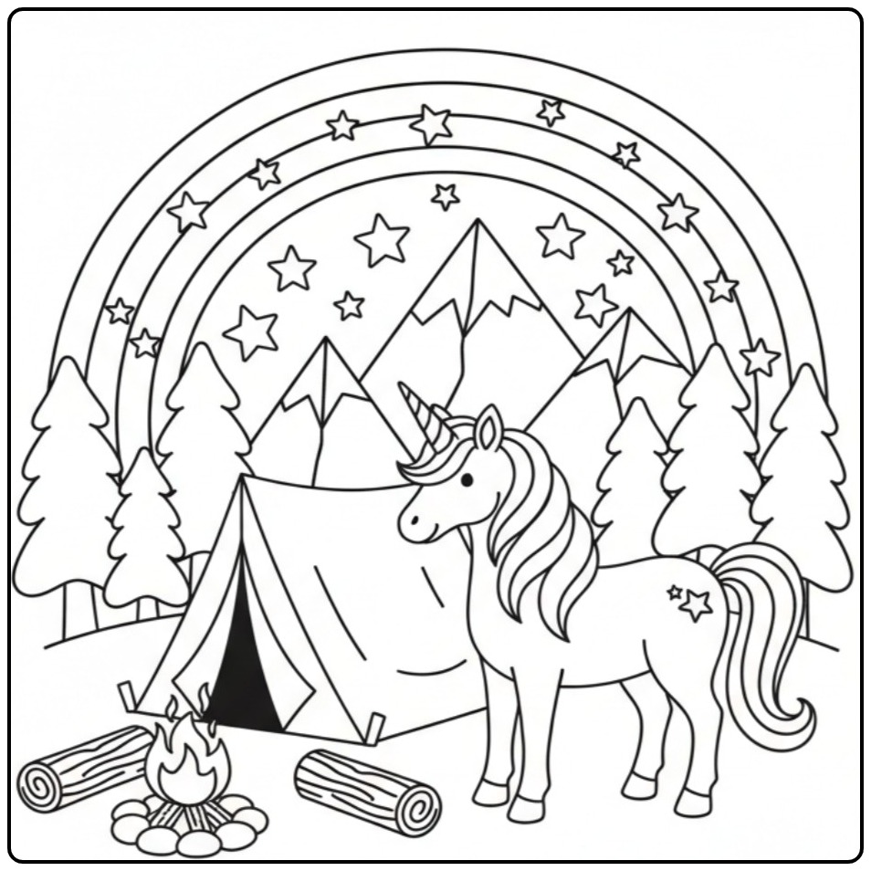 Beautiful Unicorn Rainbow in a Mountain Landscape coloring page