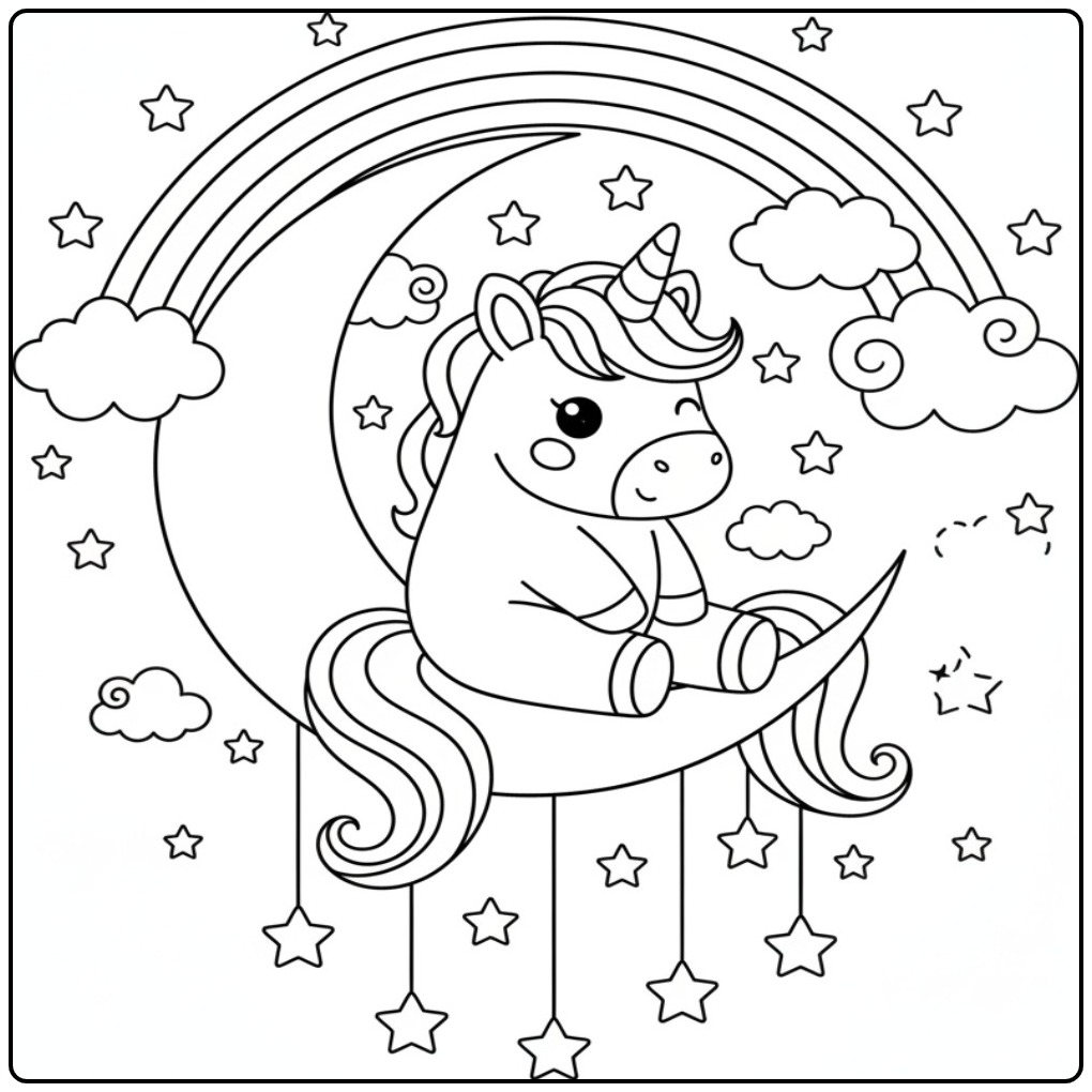 Beautiful Unicorn Rainbow with Stars and Clouds coloring page