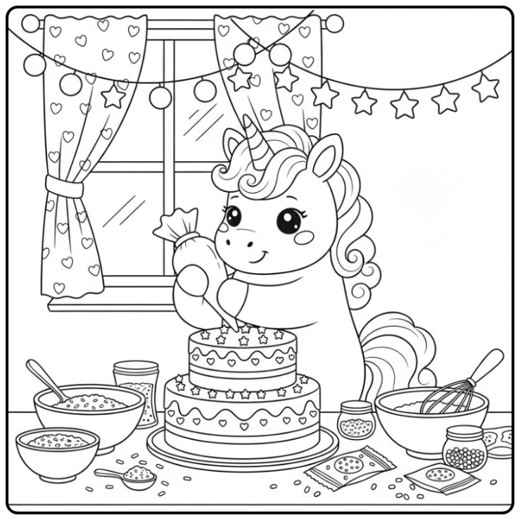 Beautiful Cake Unicorn Decorating Cheerful coloring page