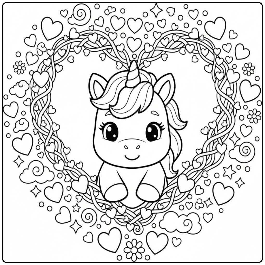 Beautiful Baby Unicorn with Heart and Many Stars coloring page