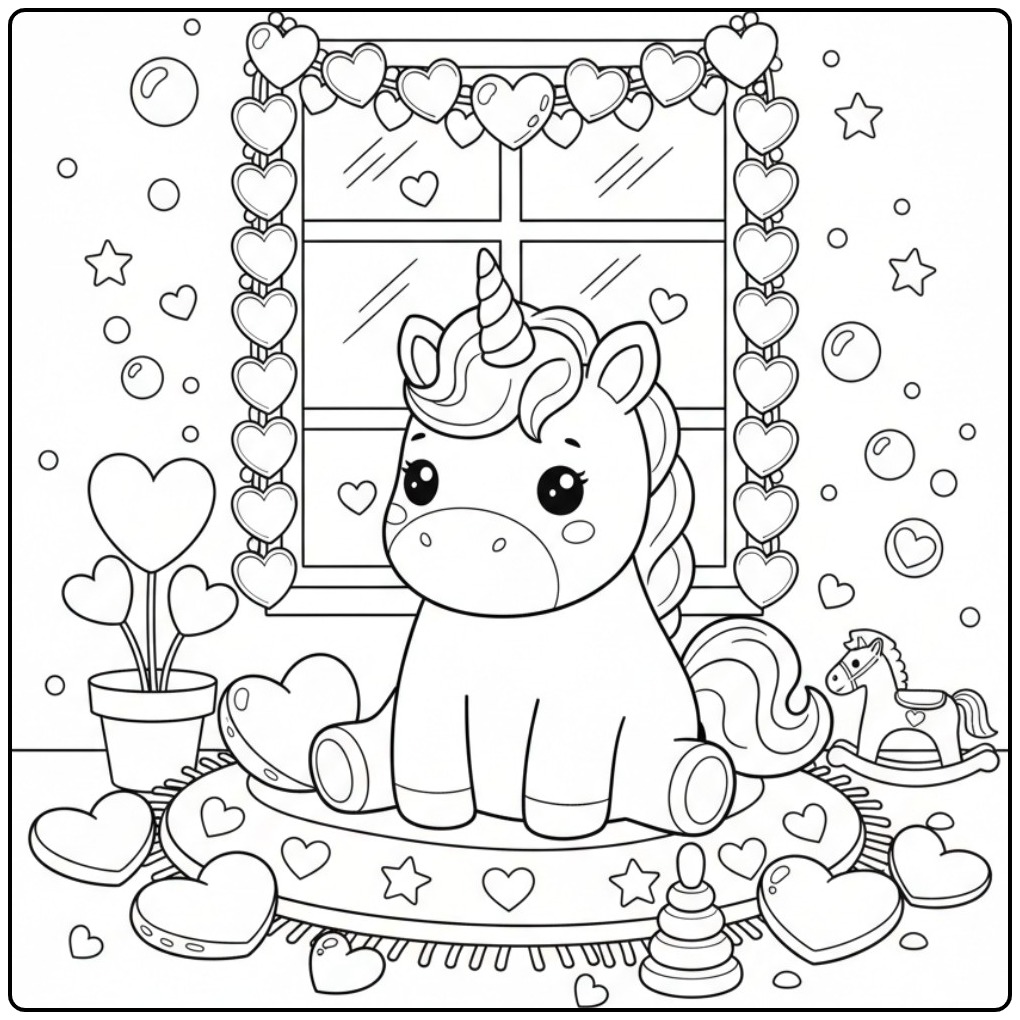 Beautiful Baby Unicorn with Heart for the Window coloring page