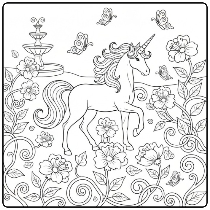 Beautiful Unicorn Easy with Flowers and Butterflies coloring page