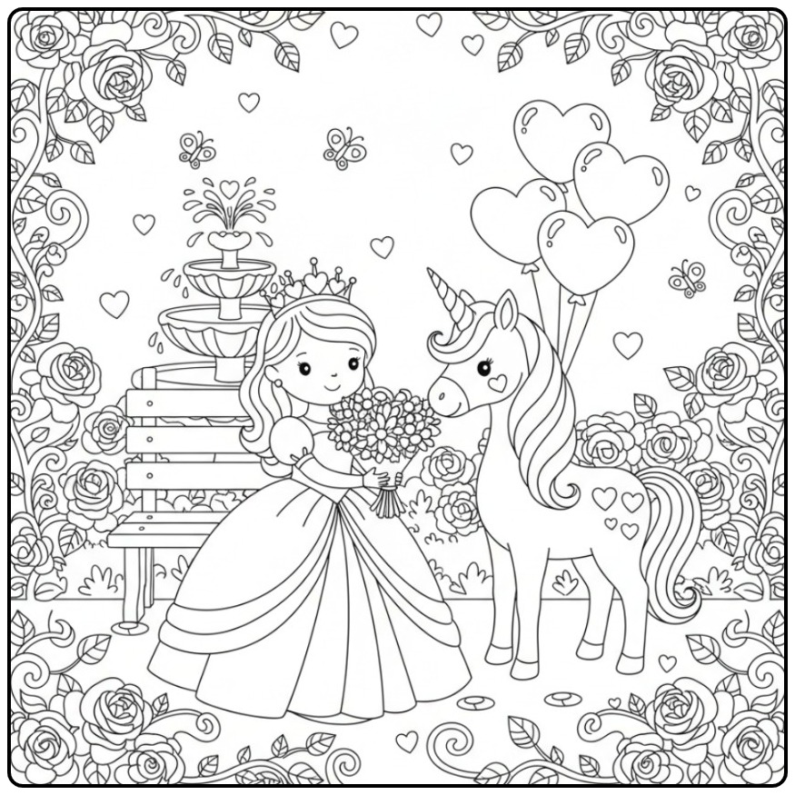 Beautiful Valentine Hearts Princess Unicorn for You coloring page