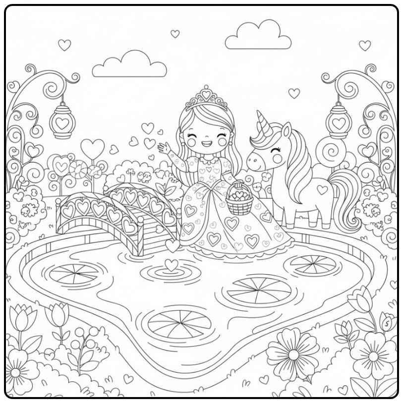 Beautiful Valentine Hearts Princess Unicorn for Children coloring page