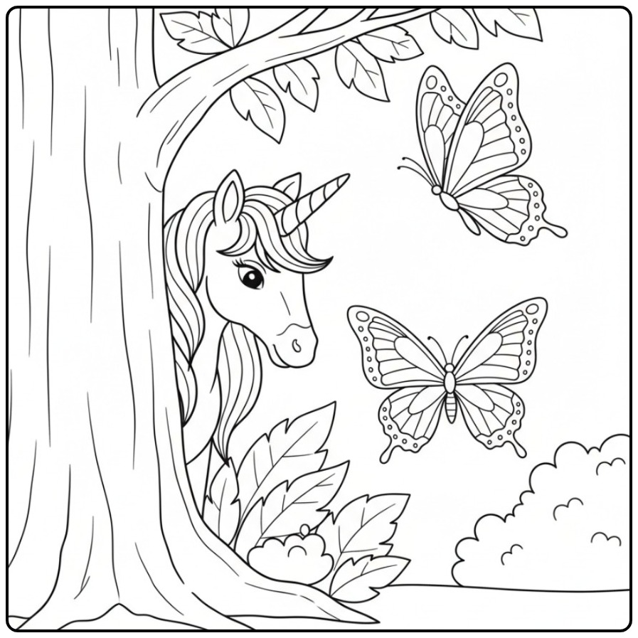 Beautiful Butterflies Unicorn Among the Trees coloring page