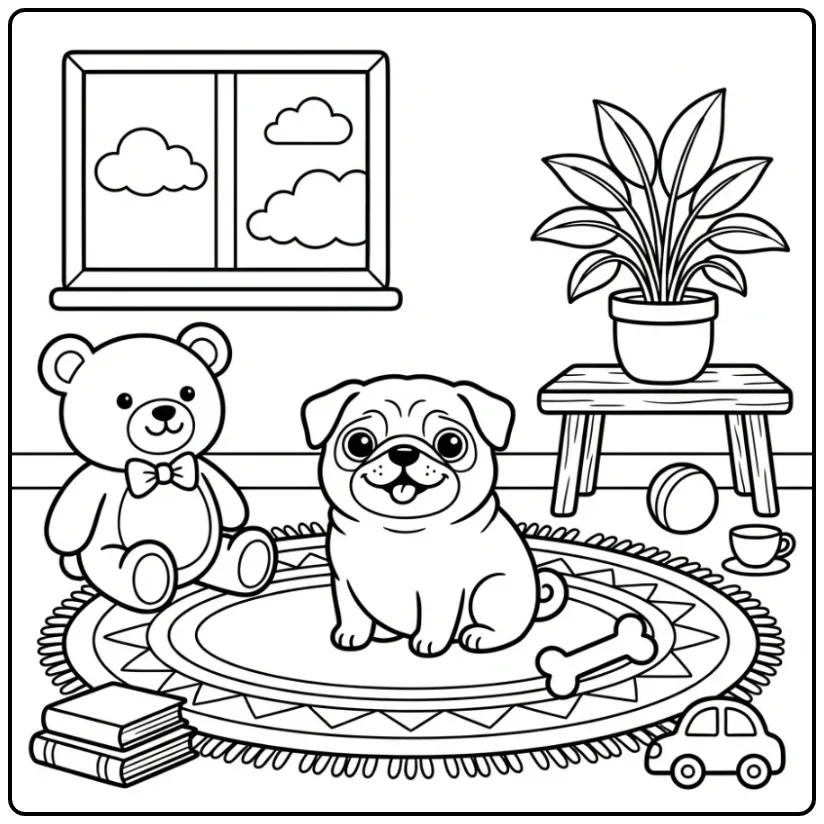Easy Pug Puppy with Toys coloring page