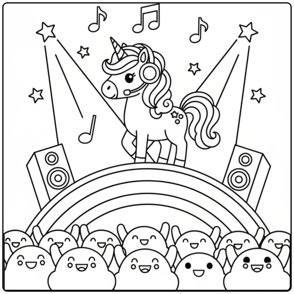 Music Party with a Unicorn Rainbow and Public coloring page