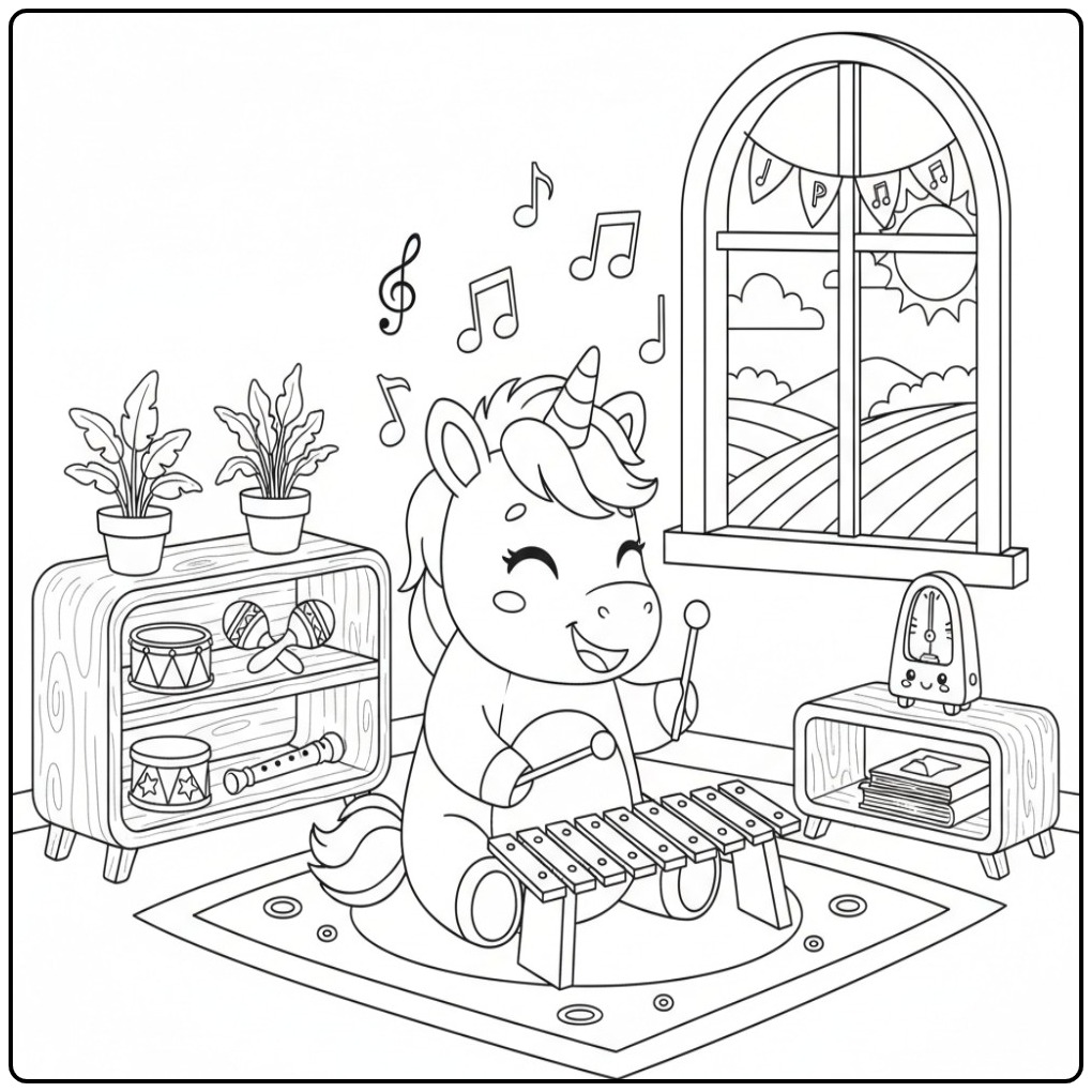 Muziekles with the Baby Unicorn on School coloring page