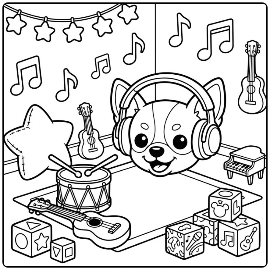 Chihuahua Dog Head with Headphones and Music coloring page