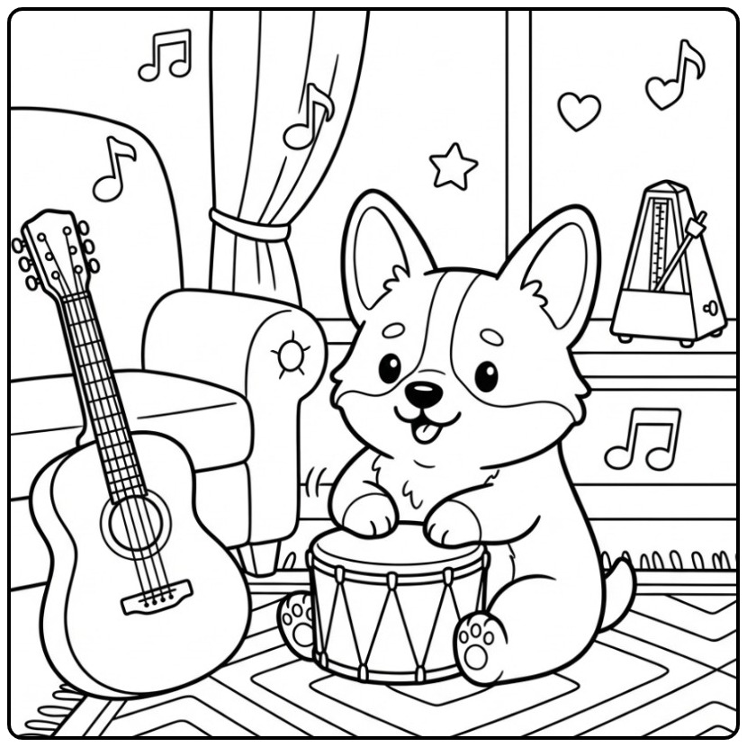Musical Corgi with Drum and Guitar coloring page