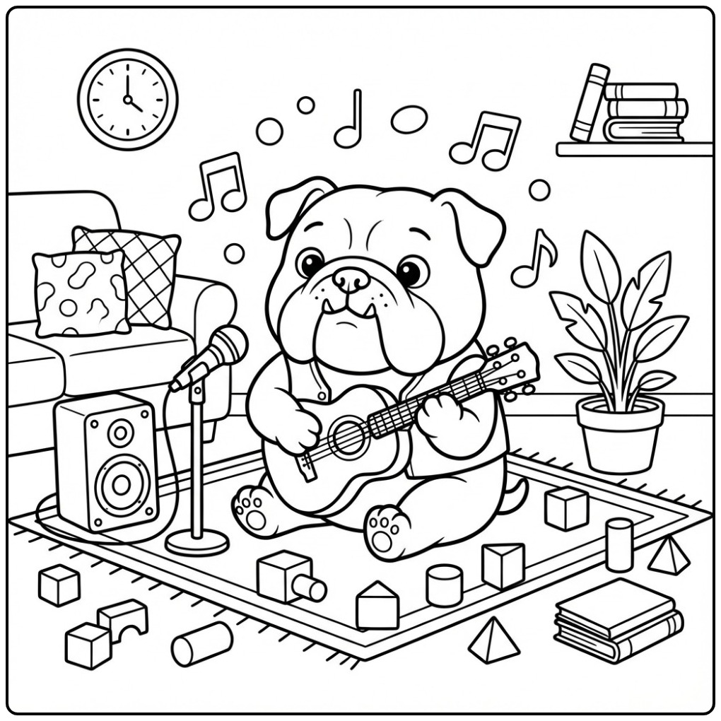 Musical Bulldog with Guitar and Microphone coloring page
