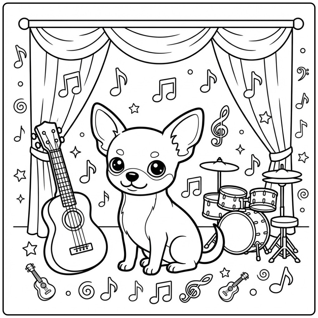 Musical Chihuahua with a Guitar and Drumstel coloring page
