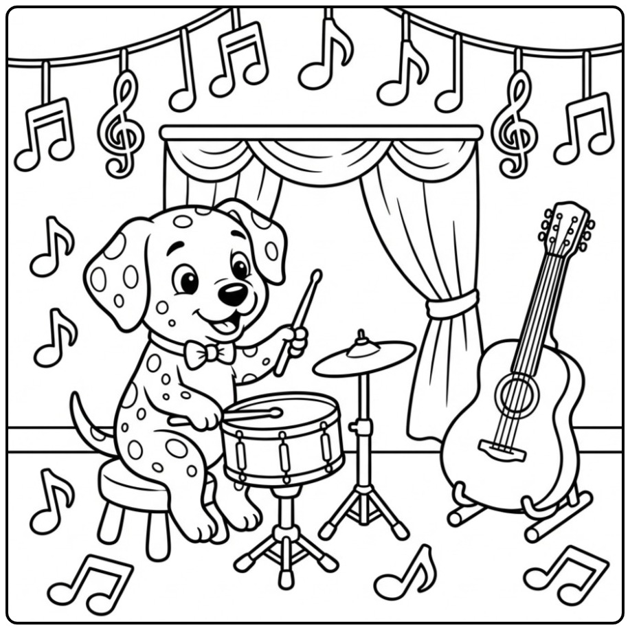 Musical Dalmatian Playing Drums coloring page