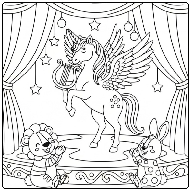 Musical Unicorn with Wings and a Lier coloring page