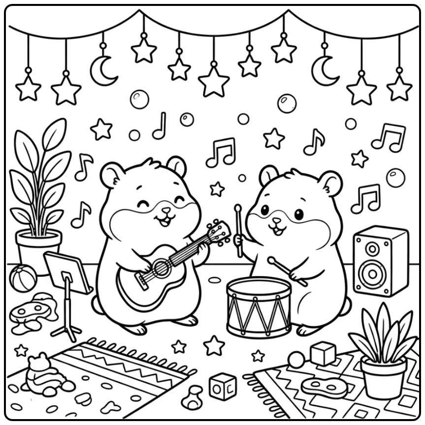 Hamster coloring page playing guitar and drum