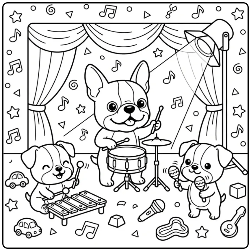 Boston Terrier and Puppies Playing in a Band coloring page