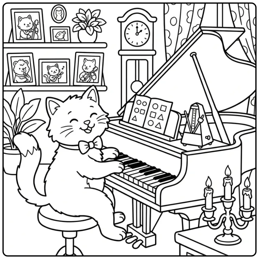 Difficult Cat coloring page with piano and candles