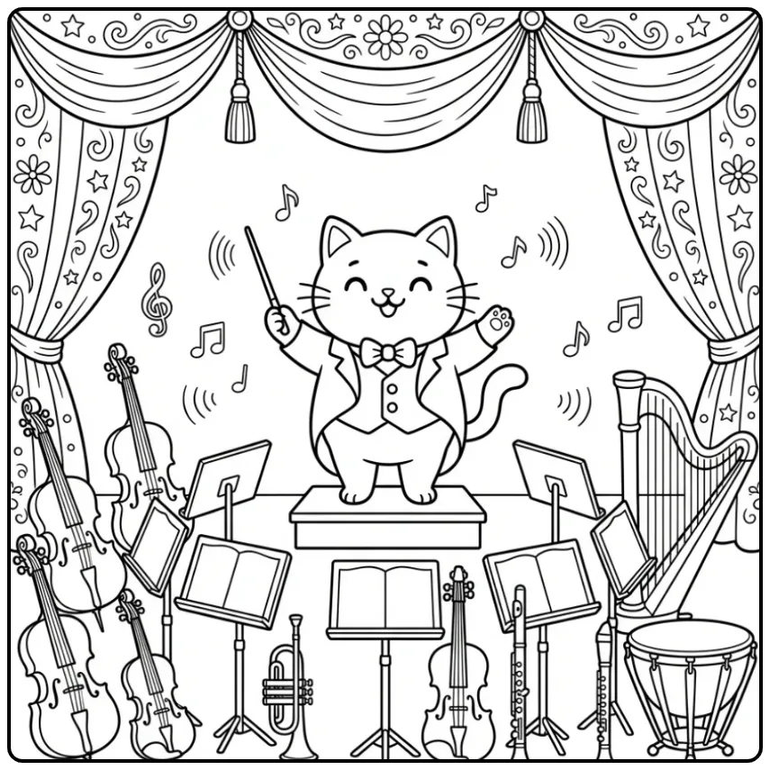 Difficult Cat coloring page conductor with instruments