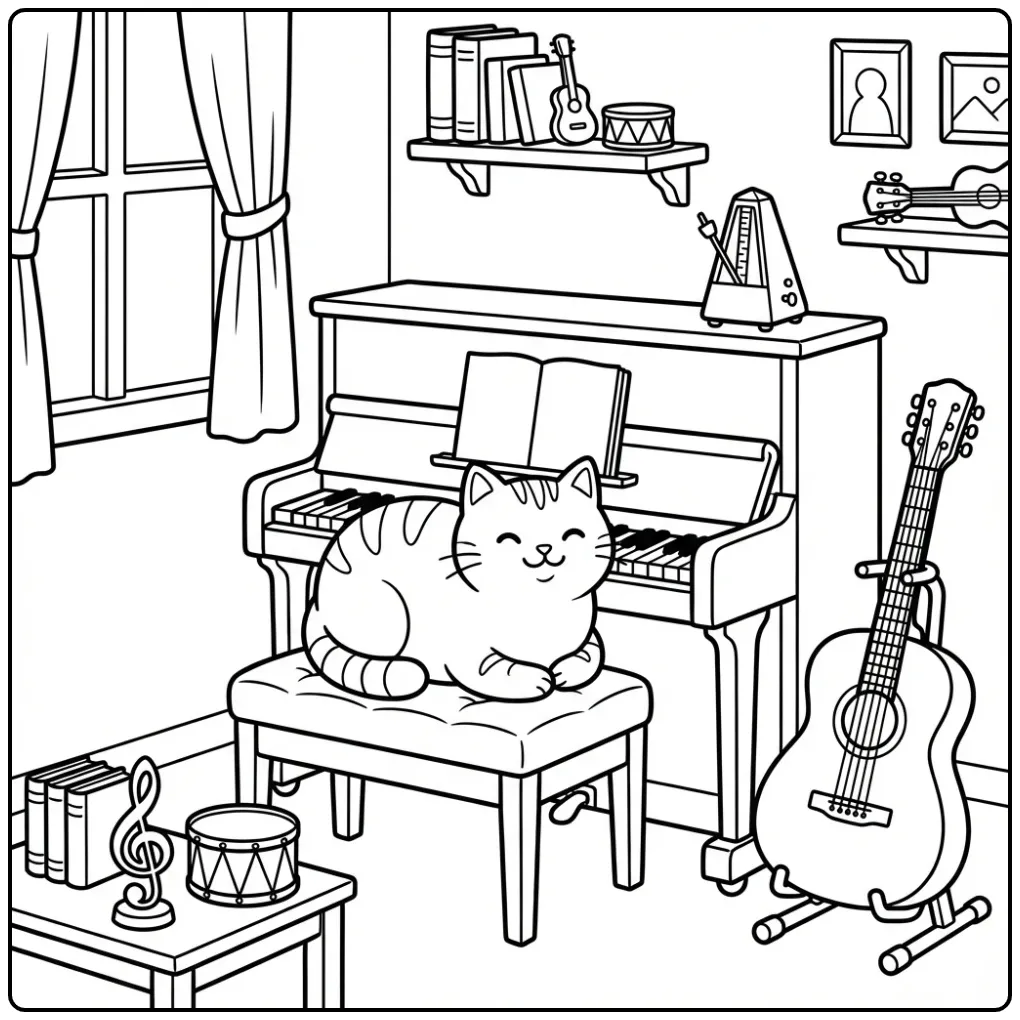 Cat coloring page sitting by a piano and guitar
